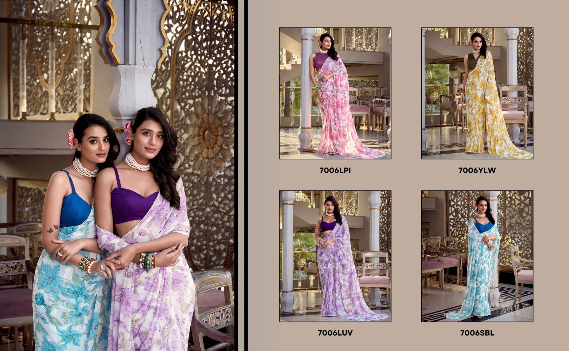 Collage showcasing the complete floral print weightless marble saree collection in pink, lavender, sky blue, and yellow colors, each designed with a pearl lace border and paired with plain Moonga silk blouse fabric.