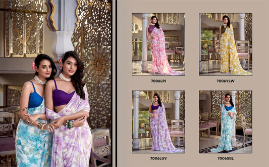 Collage showcasing the complete floral print weightless marble saree collection in pink, lavender, sky blue, and yellow colors, each designed with a pearl lace border and paired with plain Moonga silk blouse fabric.