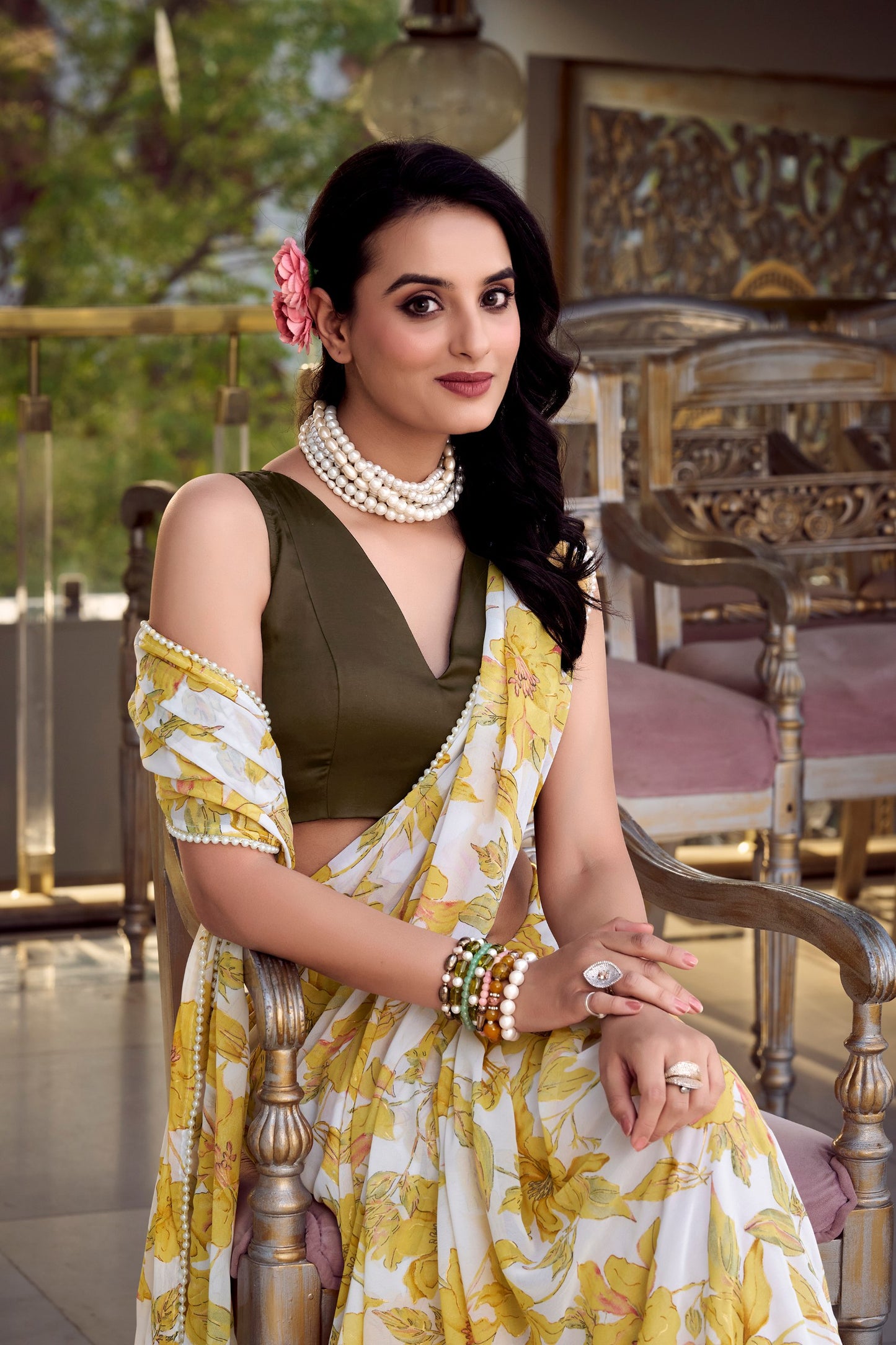 Weightless Marble Floral Print Saree with Pearl Lace Border – Partywear Moonga Silk Blouse