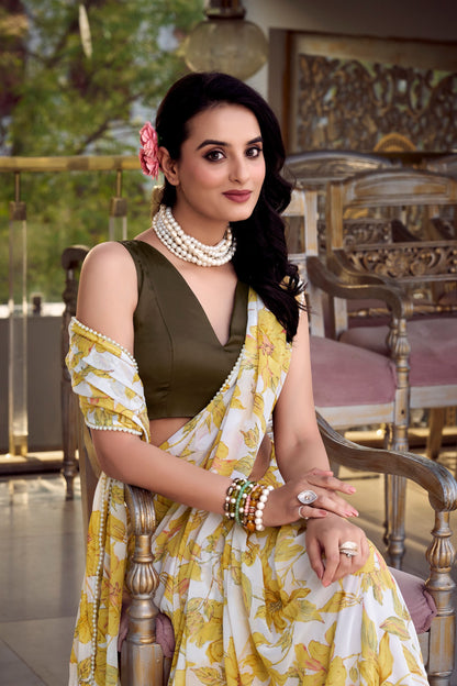 Weightless Marble Floral Print Saree with Pearl Lace Border – Partywear Moonga Silk Blouse