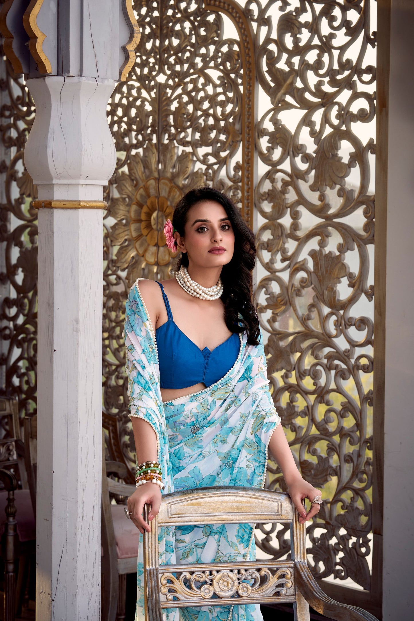 Weightless Marble Floral Print Saree with Pearl Lace Border – Partywear Moonga Silk Blouse